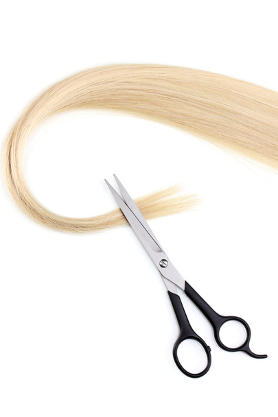 Shiny blond hair and hair cutting shears isolated on white - Фото, изображение