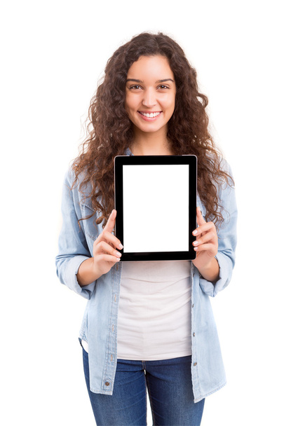 Женщина представляет планшетный компьютер
 - Фото, изображение