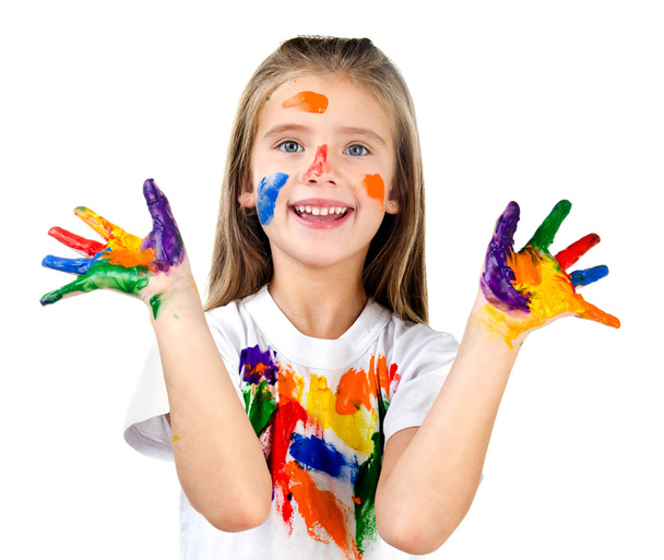 Happy cute little girl with colorful painted hands  - Fotoğraf, Görsel