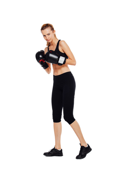 athletic woman boxing, isolated on white - Photo, Image