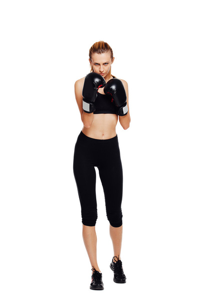 athletic woman boxing, isolated on white - 写真・画像