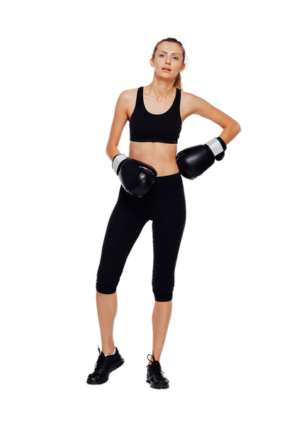 athletic woman boxing, isolated on white - 写真・画像