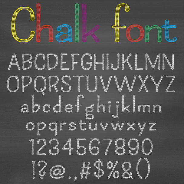 Hand drawn font on chalk background. Alphabet, numbers, punctuation marks. One letter, one compound path. Easy to change colors for your design. - Вектор,изображение