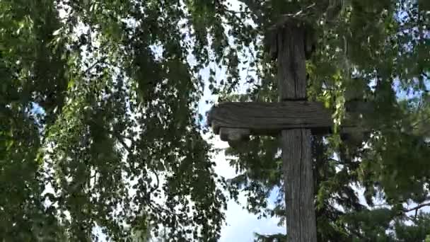 Retro-Holzkreuz zwischen sich bewegenden Birkenzweigen. 4k - Filmmaterial, Video