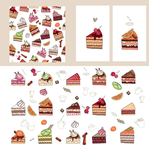Set with different  fruit cake slices. Different taste and color. - Вектор,изображение