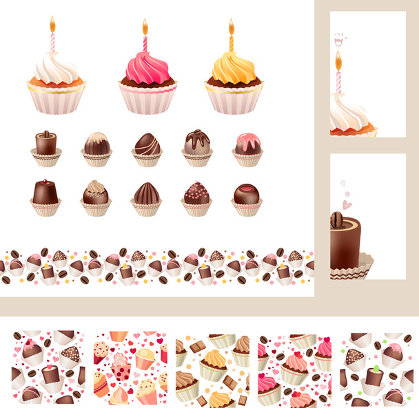 Set with different muffins and sweetmeats. Birthday cakes - Wektor, obraz