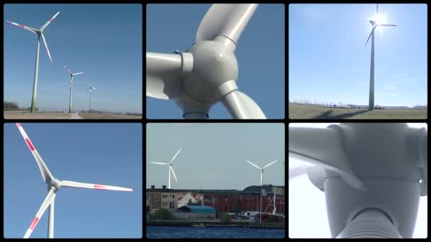 Větrné mlýny v větru. Obnovitelné zdroje energie. Klipy koláž - Záběry, video