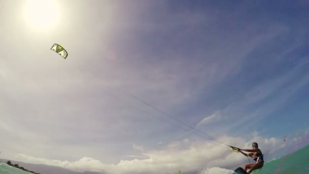 Young Woman Kitesurfing in Ocean in Bikini. POV GOPRO Slow Motion. Summer Fun Extreme Sports. - Footage, Video