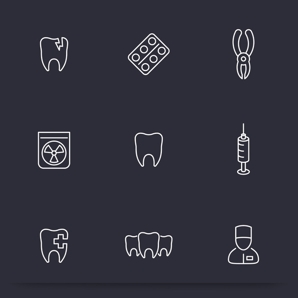 Tooth, dental care, dental pliers, toothcare, stomatology, line icons, vector illustration - Vektori, kuva