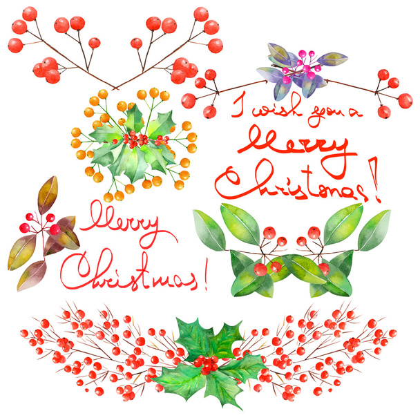 Collectie (instellen) met aquarel floral Kerstmis elementen van decoratie - Foto, afbeelding