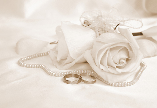 Wedding rings and roses. In Sepia toned. Retro style - Фото, зображення