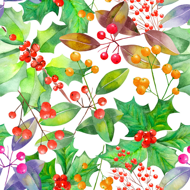 Vzorek s akvarel větvemi, s plody červené a oranžové a zelené listy - Fotografie, Obrázek