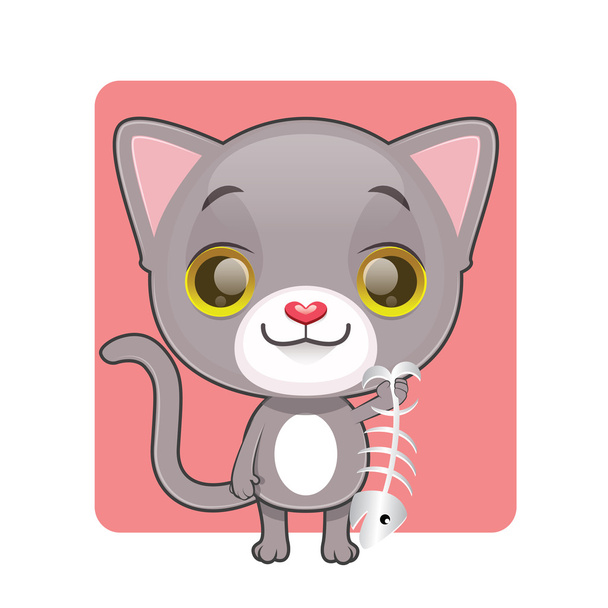 Cute gray cat holding up a fish bone - Wektor, obraz