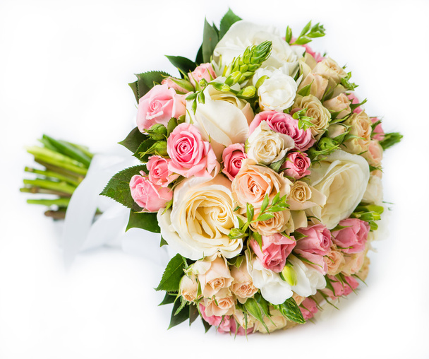 Close-up of bridal bouquet in pink colors isolated on white back - Fotoğraf, Görsel