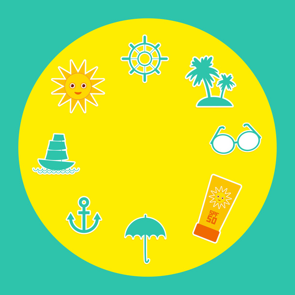 Set of summer vacation beach. Umbrella sun ship sailing sunglasses cream anchor steering wheel island, palm trees. Yellow Green Blue Orange. Vector - Vektör, Görsel