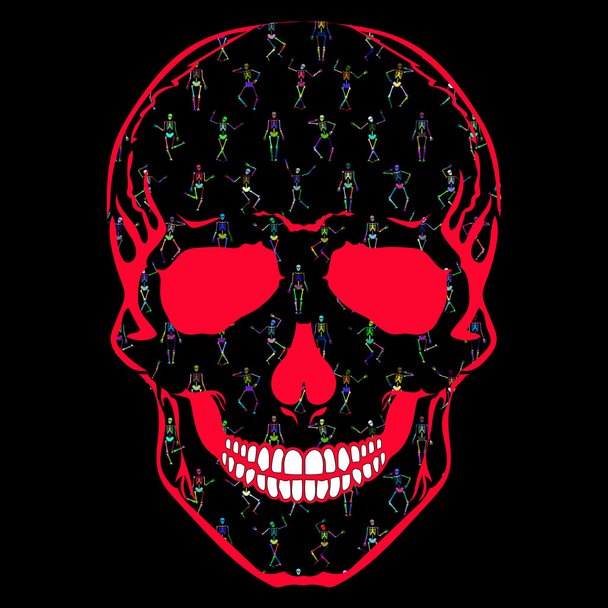 Human Skull with colorful dancing skeletons - Vector, imagen