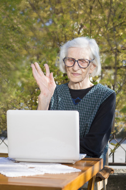 Starší žena s video volání na přenosný počítač - Fotografie, Obrázek