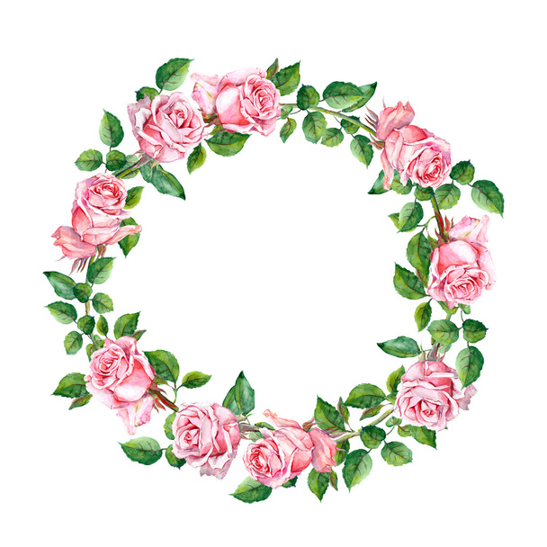 Rose flower wreath. Floral circle border. Watercolor  - Photo, Image
