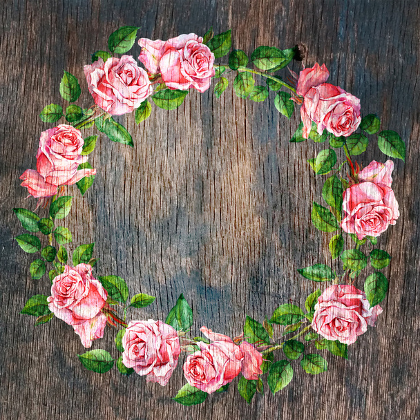 Rose flower wreath on wood background. Floral circle border. Watercolor  - Фото, изображение