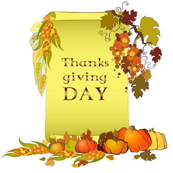 Thanksgiving day banner with scroll, turkey, pumpkin and corn - Vektor, obrázek