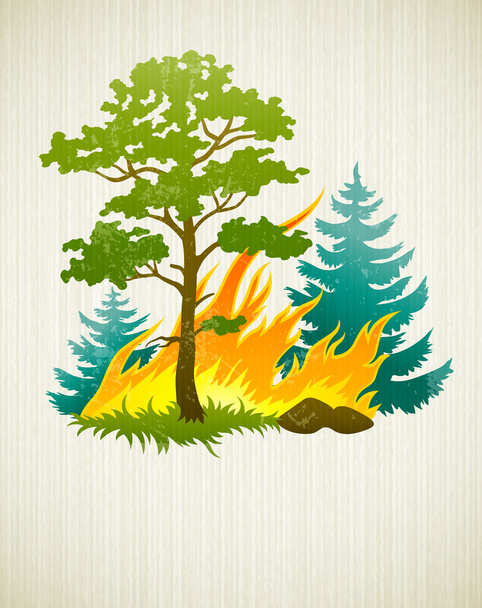 wildvuur ramp met branden bos boom en firtrees - Vector, afbeelding