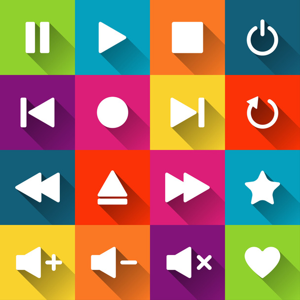 Simple media player icons on the colored tiles, flat design, vector illustration for your application, web, template - Vektori, kuva