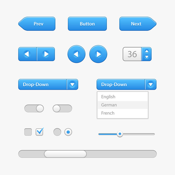 Blue Light User Interface Controls. Web Elements. Website, Software UI: Buttons, Switchers, Slider, Arrows, Drop-down - ベクター画像