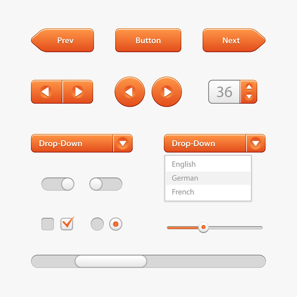 Orange Light User Interface Controls. Web Elements. Website, Software UI: Buttons, Switchers, Slider, Arrows, Drop-down - Vector, Image