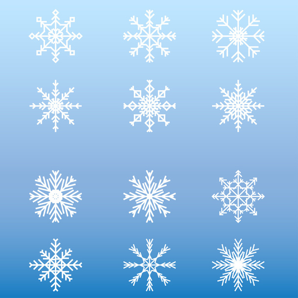 Conjunto de copos de nieve blancos de invierno sobre fondo azul
 - Vector, Imagen