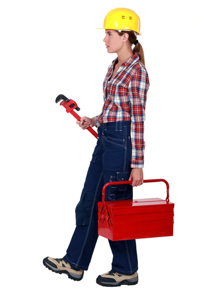Woman with a toolbox and wrench - Foto, Imagen