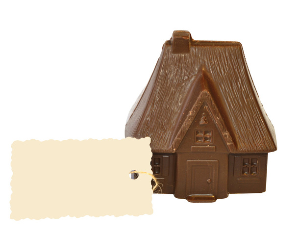Chocolate House y tarjeta para su texto sobre fondo blanco
 - Foto, Imagen