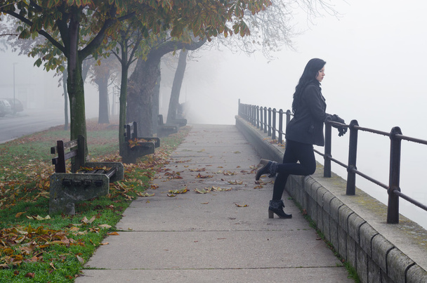 Beautiful girl standing on pedestrian walkway watching autumn mist - Photo, Image