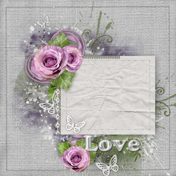 Fondo vintage con rosas, encaje, cinta, tarjeta de papel
 - Foto, imagen