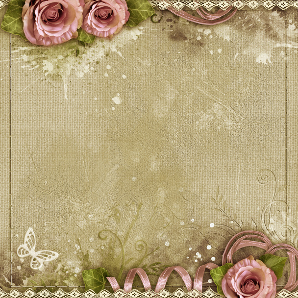 Vintage background with purple roses, lace, ribbon - Photo, Image