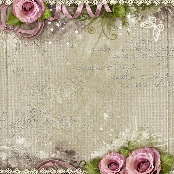 Vintage background with purple roses, lace, ribbon - 写真・画像