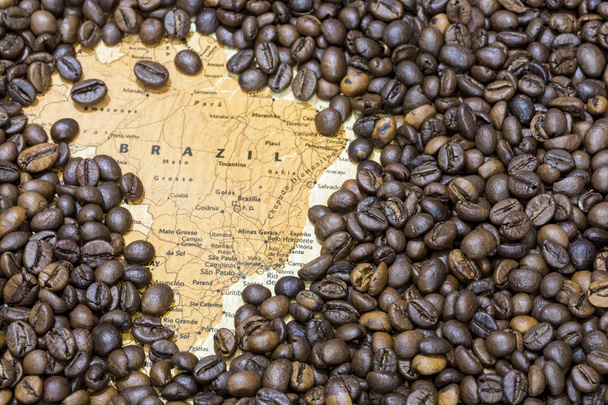 Mappa del Brasile sotto uno sfondo di chicchi di caffè
 - Foto, immagini