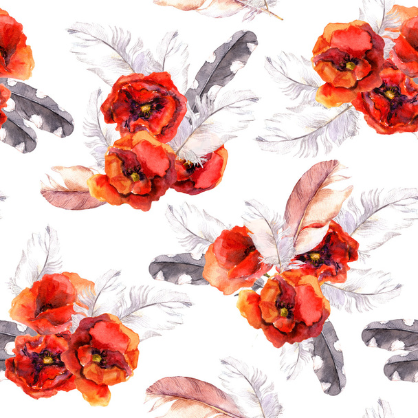 Seamless floral pattern with watercolor flowers and feathers. Watercolor - Fotoğraf, Görsel