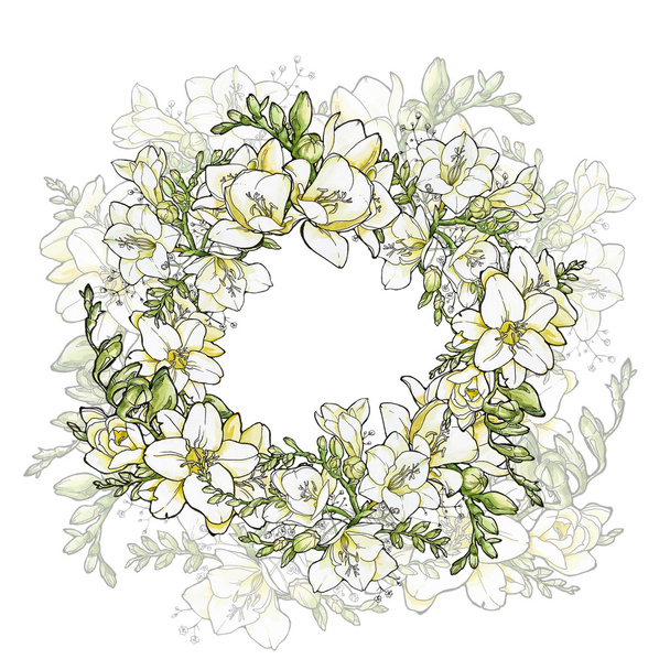 watercolor illustration; wreath with freesia - Zdjęcie, obraz