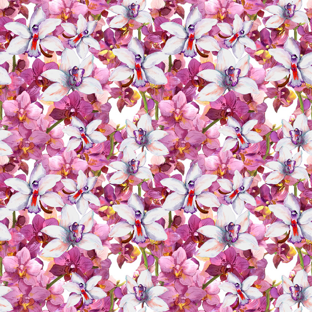 Bright floral pattern - colorful orchid flowers. Seamless template. Aquarelle background. - Fotografie, Obrázek