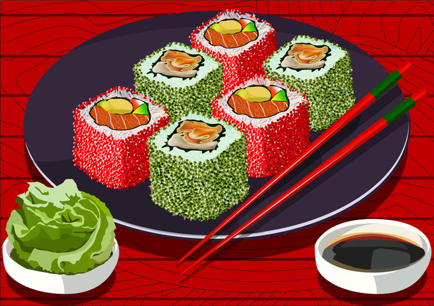 Sushi mit Kaviar und Lachs, mit Sojasauce und Wasabi, Vektorillustration - Vektor, Bild