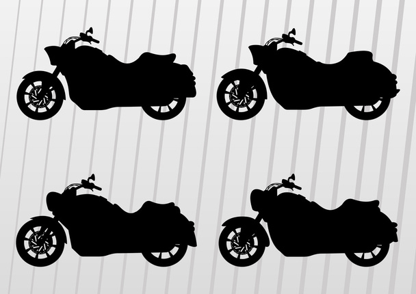 Motorbike riders and motorcycles silhouettes illustration collection backgr - Vector, Image