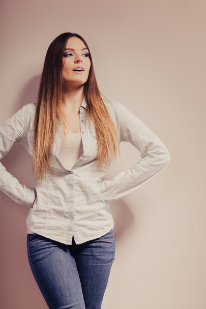 fashionable woman in shirt denim pants - Fotografie, Obrázek