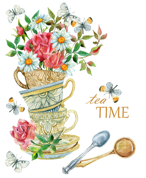 Aquarell Teetassen Hintergrund mit Löffel, Blumen und Schmetterling. - Foto, Bild