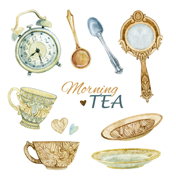 Watercolor tea set - Photo, Image