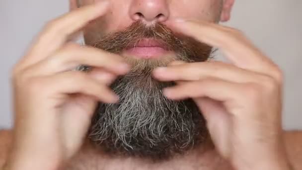 Valkoinen mies huolehtii hänen rehevä parta ja viikset
 - Materiaali, video