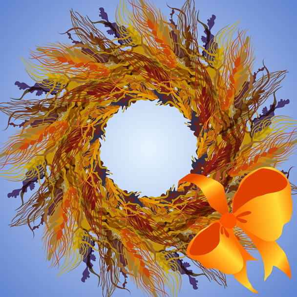 Wheat wreath and ribbon with bow, circle frame. - ベクター画像