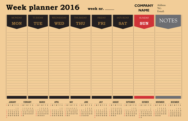 Semana planejador 2016 calendário
 - Vetor, Imagem