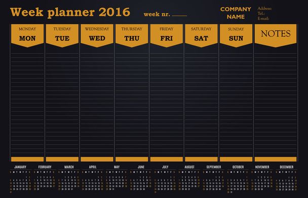 Планировщик недели 2016 календарь - оранжевый дизайн
 - Вектор,изображение
