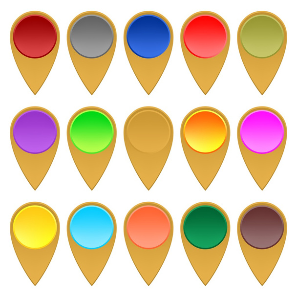 Набір золотих вказівників, що відображають розташування центру різних кольорів на білому тлі
 - Вектор, зображення