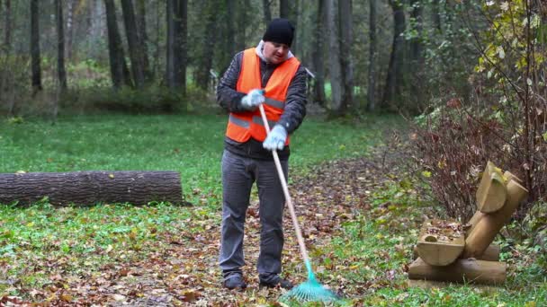 Trabajador recoger hojas en el parque
 - Metraje, vídeo